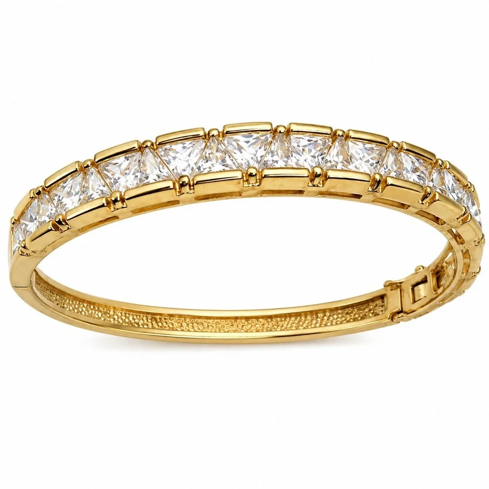 925 Sterling Silver Gold Tone Princess Cut CZ Hinged Bangle Bracelet